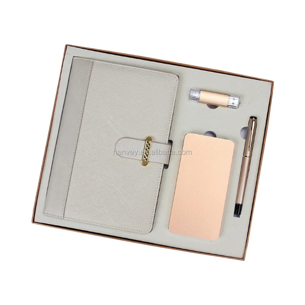 Factory price wholesale promotion luxury custom A5 notebook, pen, power bank and usb flash drive business corporate gift set