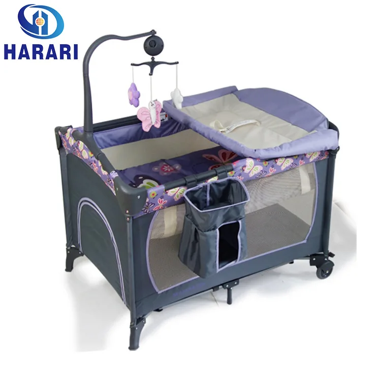 factory cheap Foldable baby cot playpen with music and toys bar