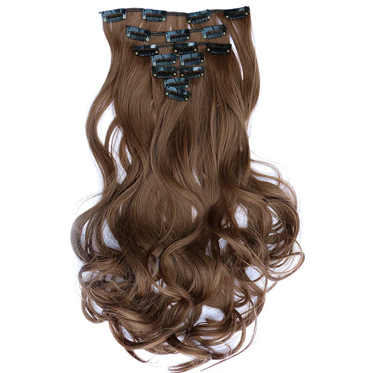 7Pcs 16 Clips 20 Inch Curly Wave Clip in On Synthetic Hair Extensions Blonde Full Head High Temperature Fiber Wavy Hairpiece