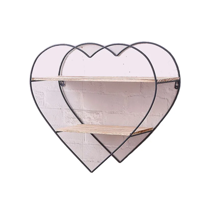 China supplier antique decorative heart shape metal wire solid wood wall shelf for storage