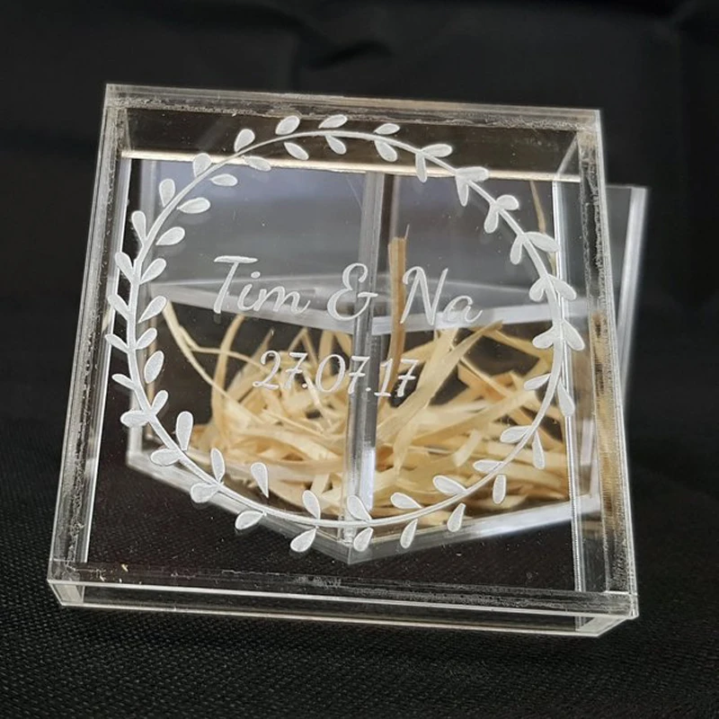15 Years Factory Custom Rustic Clear Glass Look Acrylic Engagement Ring Bearer Box Holder Wedding Ring Box
