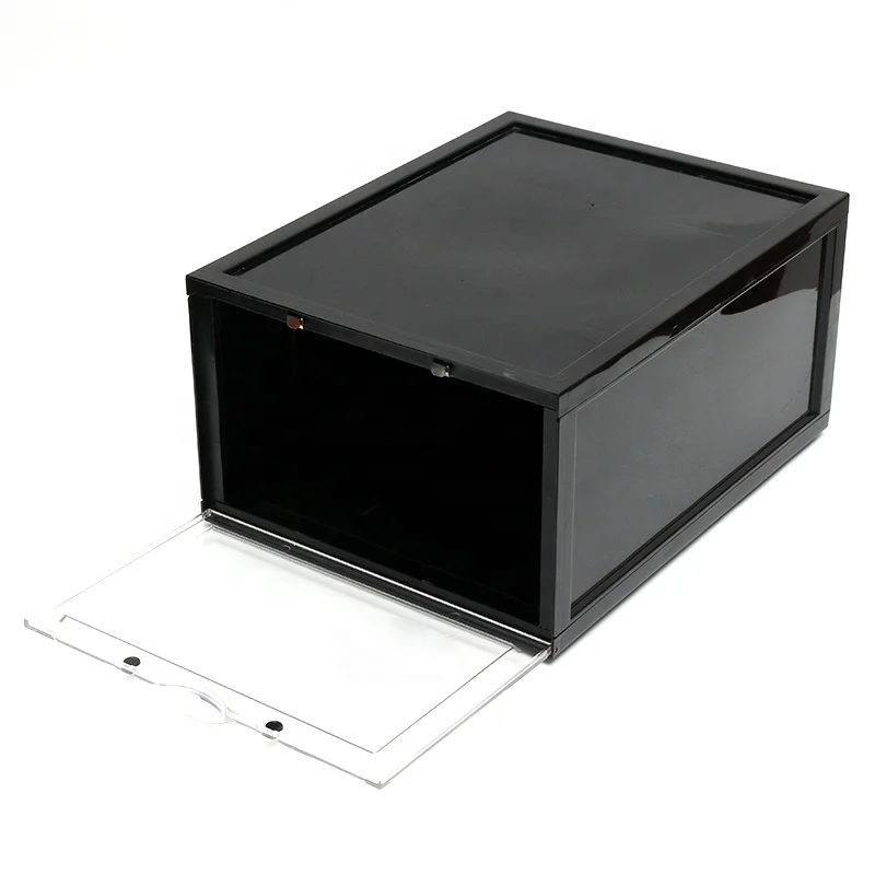 
Custom durable stackable removable black AJ injection plastic shoe Sneakers Storage box with clear front drop door 