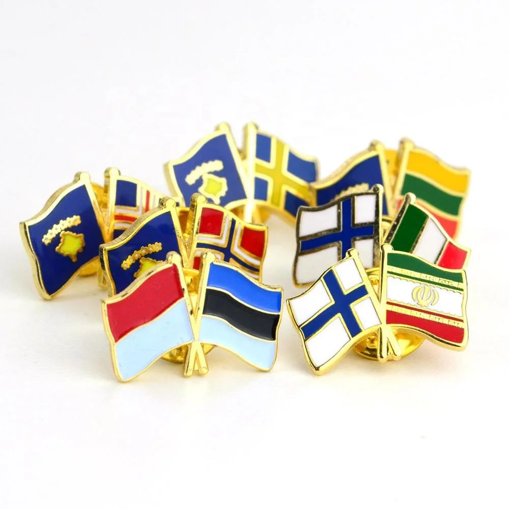 No Minimum Custom Oem Made Metal Crossed Two Country National Gold Double Flag Lapel Badge Pin Enamel Color