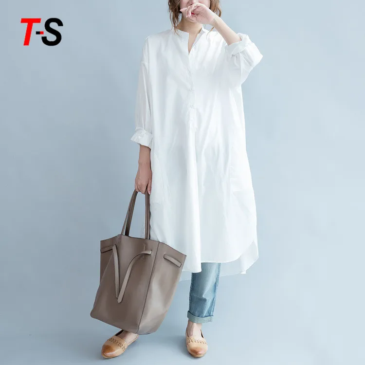 New leisure Simple Solid color round neck long shirt dress cotton fabric