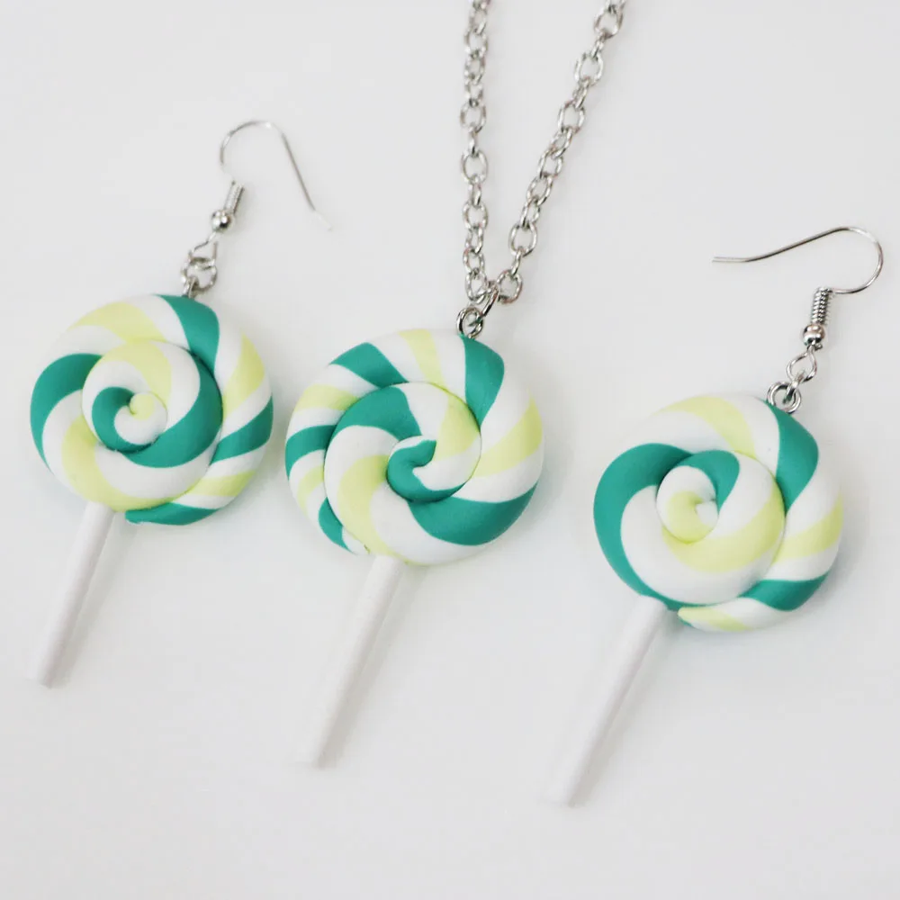 Lovely Colour Lollipop Earring Necklace Jewellery Handmade Polymer Lollipop Swirl Candy Cane Earring Necklace Set