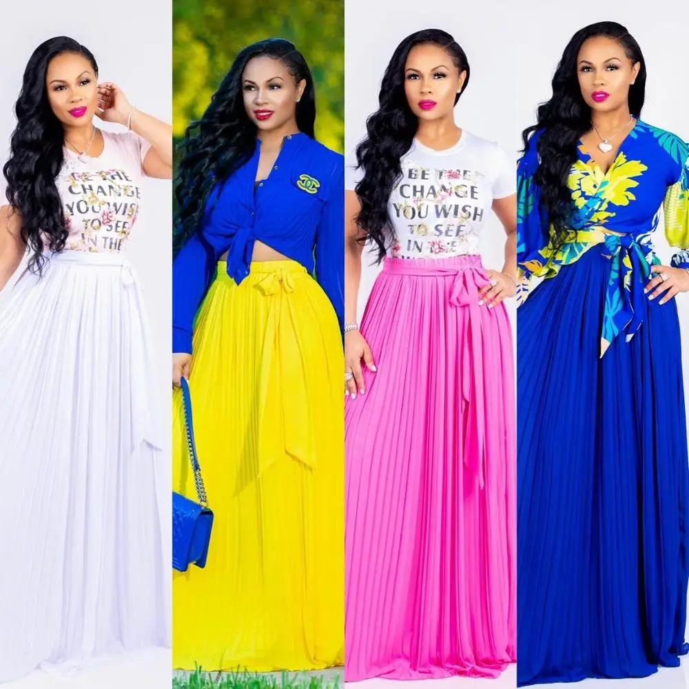 Wholesale women soild color long pleated chiffon skirts high quality crepe chiffon skirt with waist strap