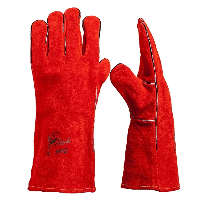 Red heat resistant gloves cow split leather anti fire elbow length gloves for hand protection