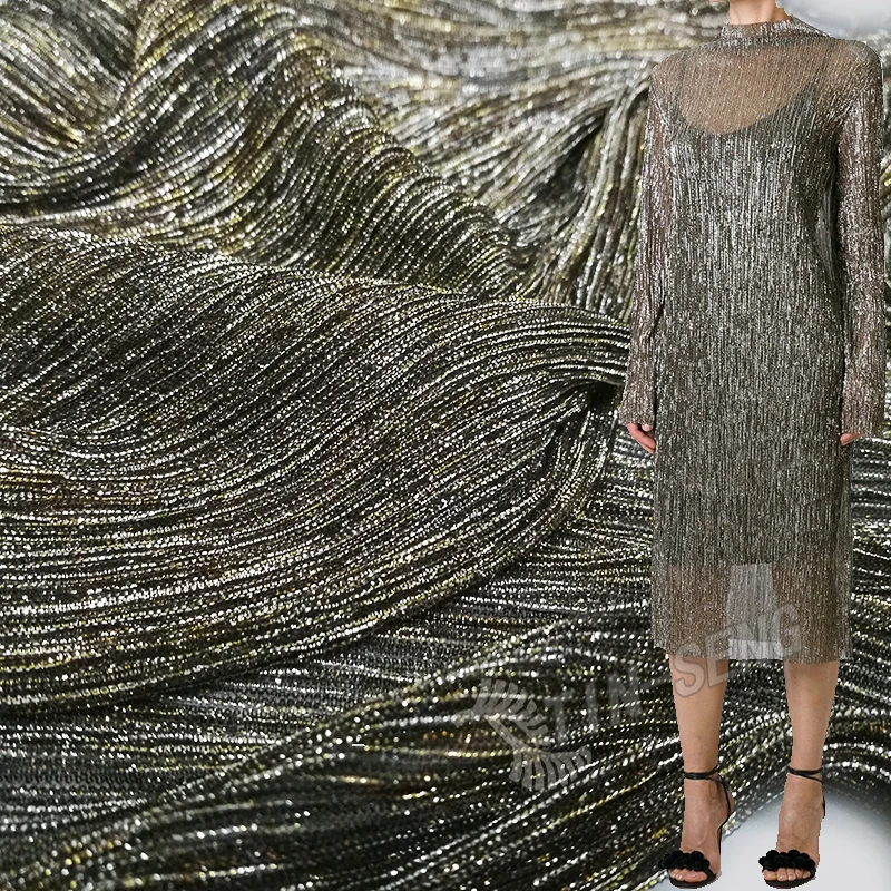 Born To Shine Collection Black Gold Yarn Knit Metallic Pleated Fabric for High Fashion Cloth