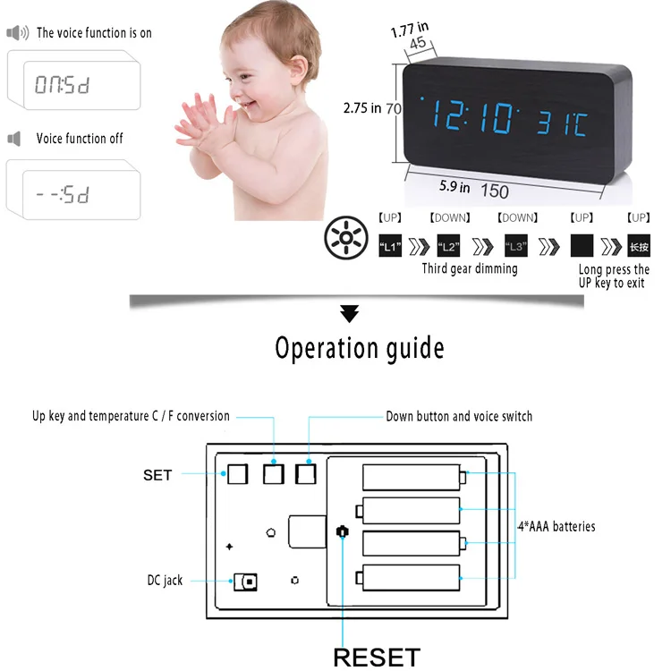 Wholesale Fashion Voice Control Digital Factory Direct Bedside Desk Calendar Digital Wooden LED Alarm Desk Clock