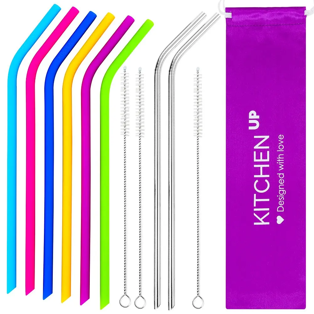 Reusable Stainless Steel Straws , Silicone Straws With Cleaning Brushes