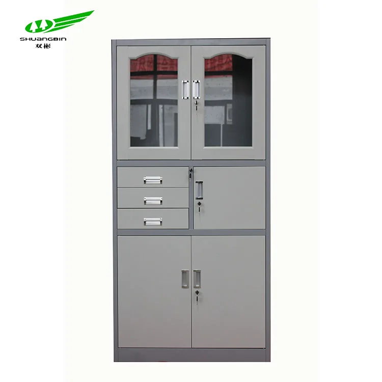Model designed white glass cabinet door lock/office steel cupboard with 3 drawers and 2 glass doors/cupboard