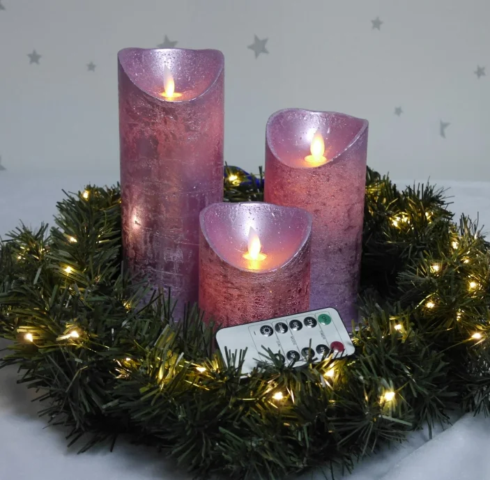 Moving wick flameless LED candle Purple drawing paraffin wax weddings candles