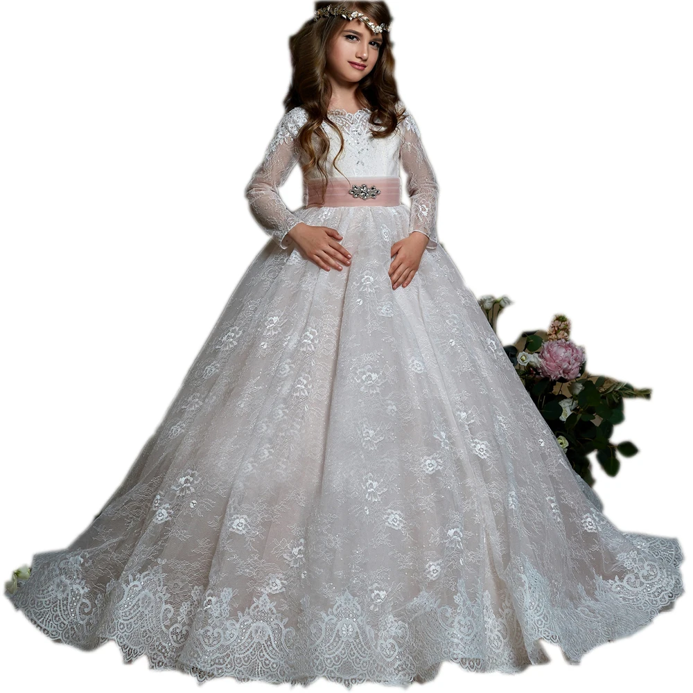 Fancy white Tulle Satin Lace Beading Flower Girl Dress First Communion Dress big bow ball gown long sleeve dress for party