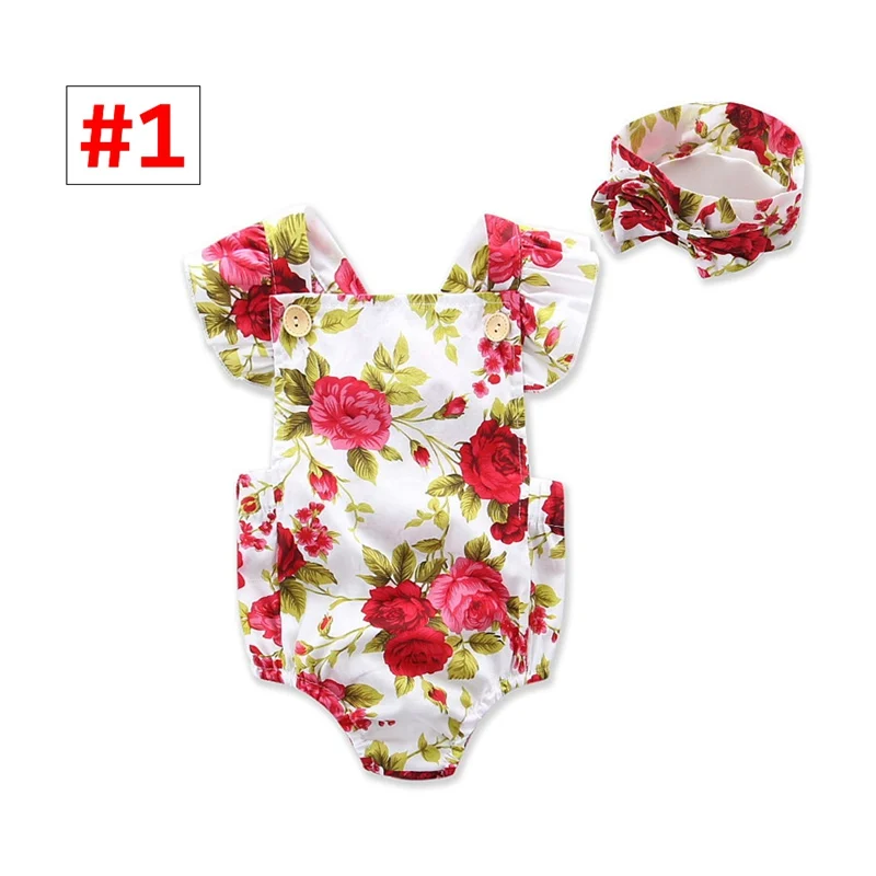 Baby Girl Romper headband Set Toddler flower print bodysuit Summer Clothes for 0-2T