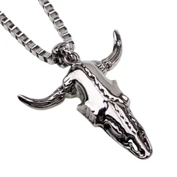 Vintage Mens Metal Chains Alloy Skull & Cow Head Pendant Necklace