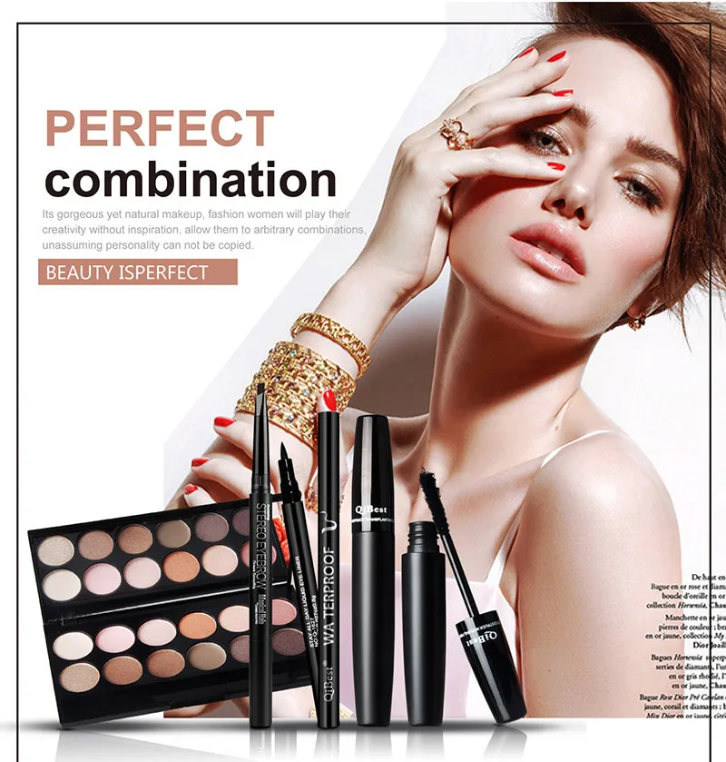 QiBest Eyes Makeup Kit 12 Colors Eyeshadow Eyebrow Pencil Liquid Eyeliner 3D Mascara Combination Makeup Set Professional