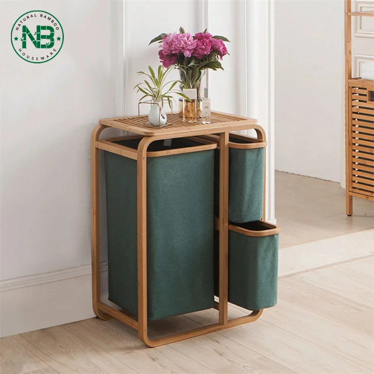 Modern 3 Divided Bamboo Laundry Hamper Sorter Dirty Clothes Hinder Station 3 Slide Drawer Storage Fabric Bag Bathroom Furniture