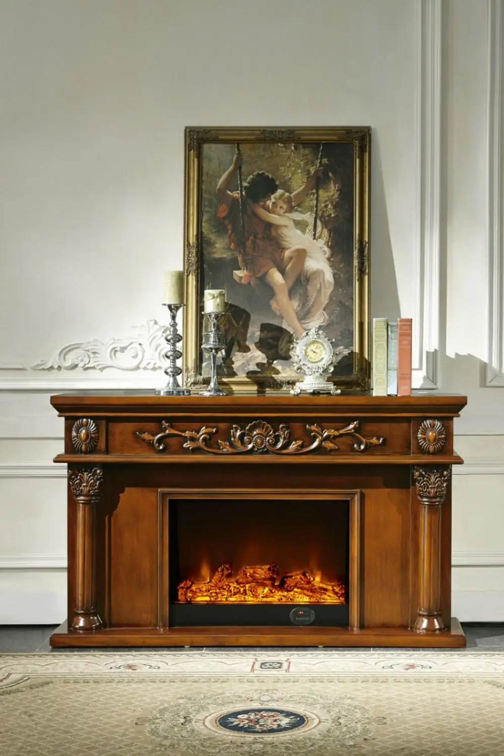 Model 8063 Luxury Electric Fireplace with Wood Frame for Household Use