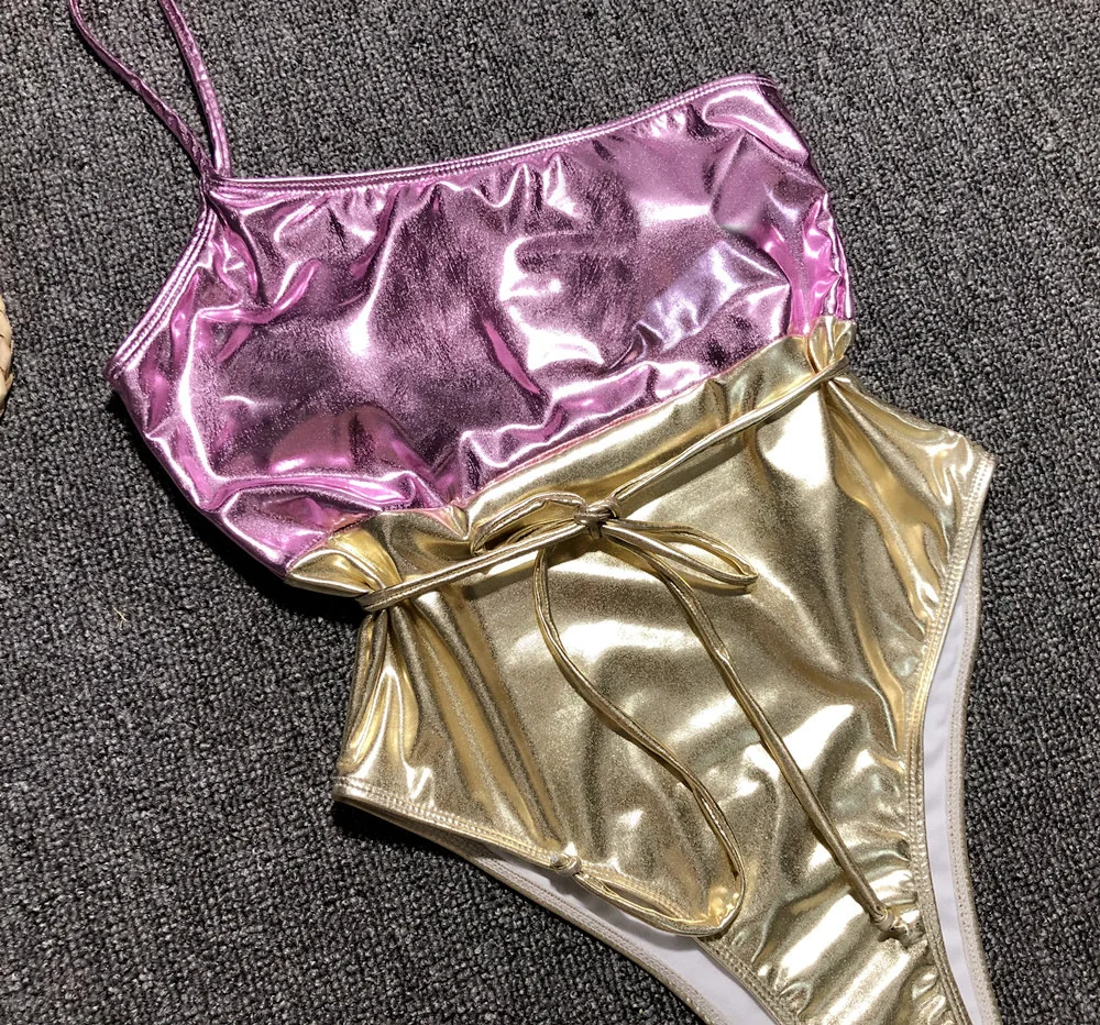 2019 One-shoulder Metallic Matching Swimwear Pink Glitter Bikini