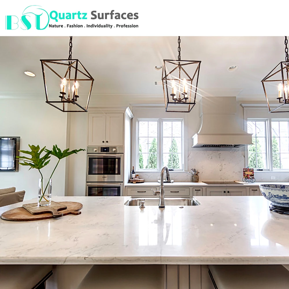 White Misty Carrera Restaurant luxury Quartz Table Top Kitchen Counter Top Vanity Top Island