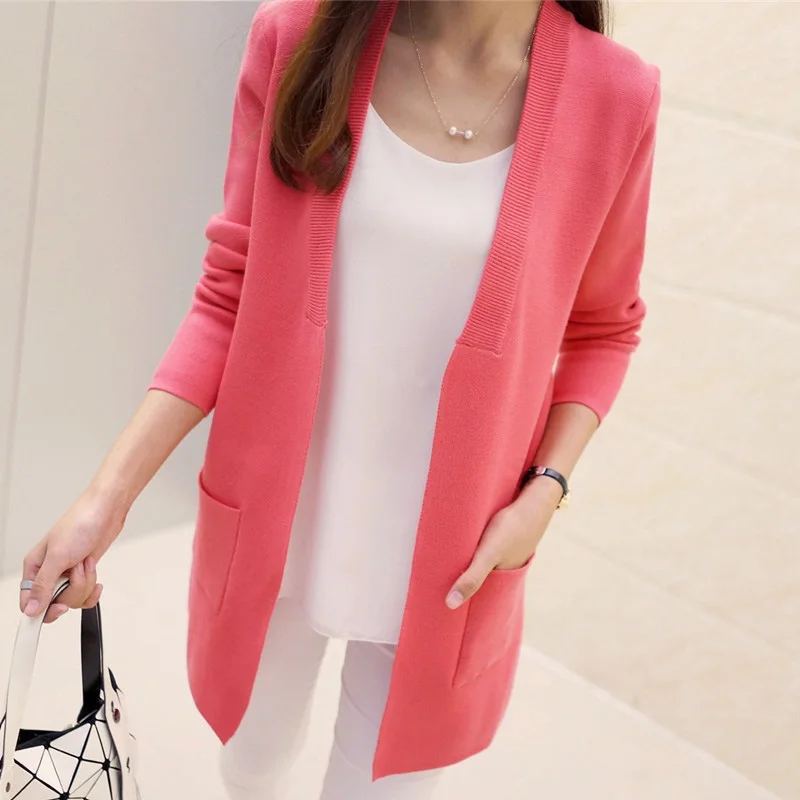 Autumn Female Sweater Coat Han Edition Long Round Collar Loose Pocket Knit Cardigan Women Sweater Free