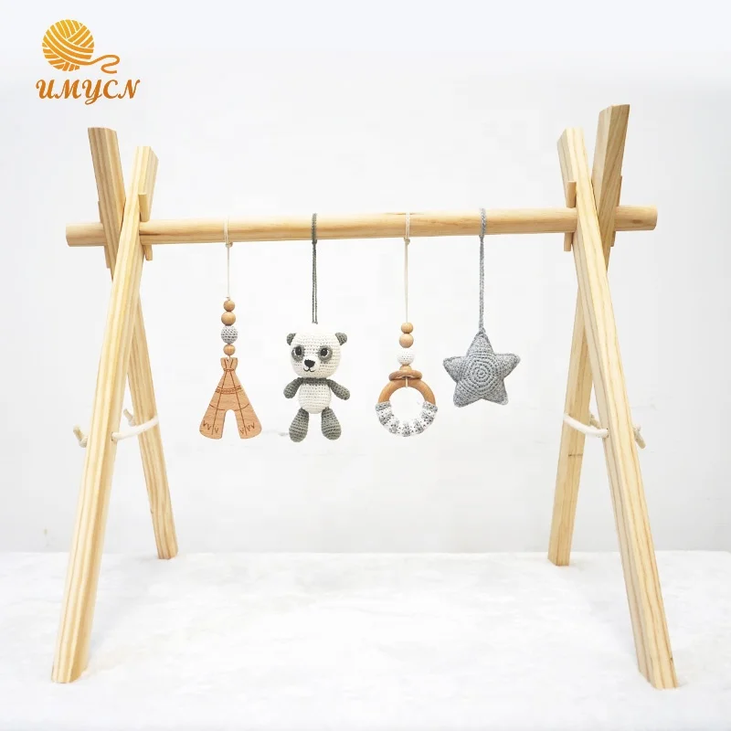Stuffed Panda Natural Wooden Baby Play Gym With Teething Ring