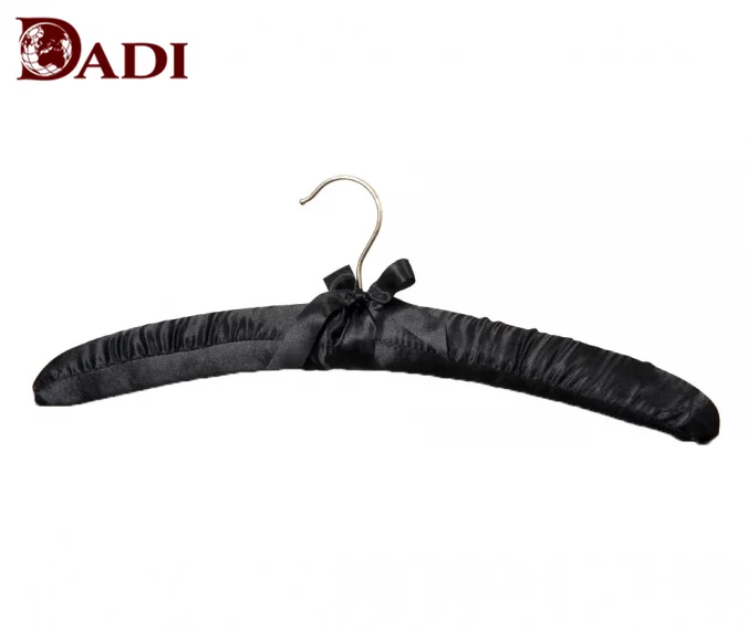 Colorful solid wood flocked Lingerie display satin clothes hanger with lovely bow tie flexible clothes hanger