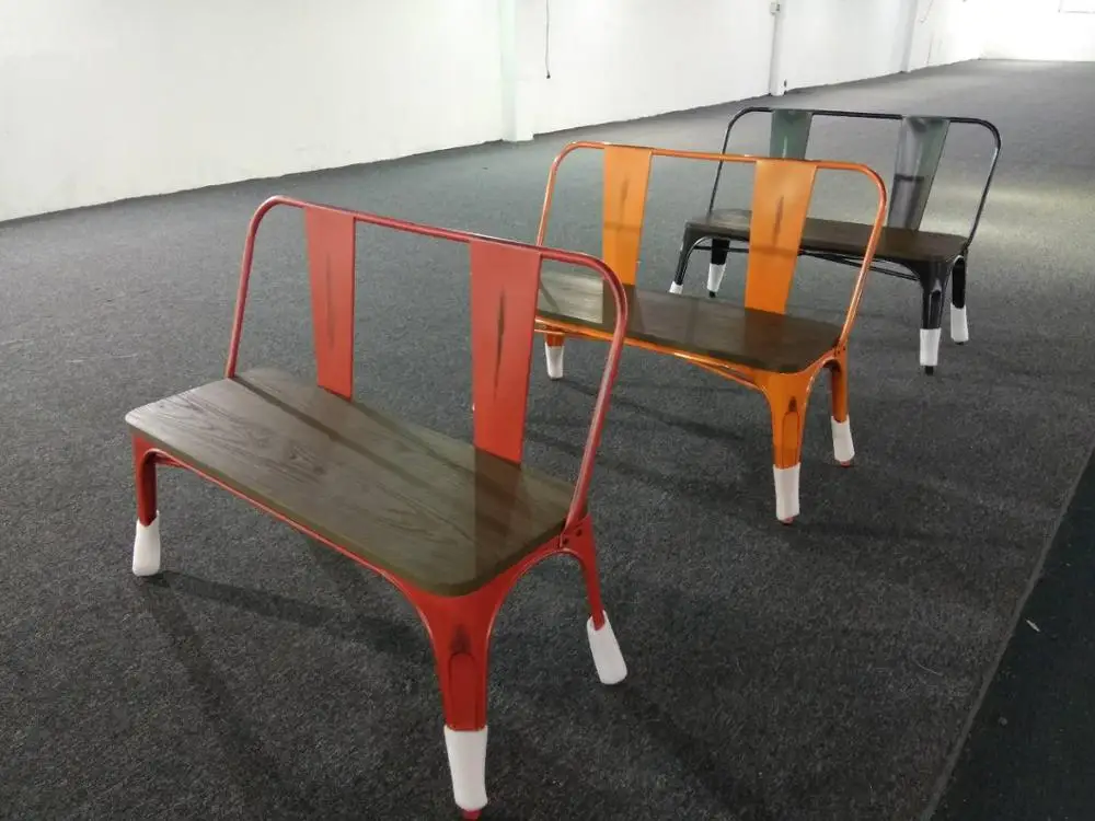 2 Seater Backrest Natural Pinewood Top Metal Frame Patio Garden Kitchen Dining Bench Chair