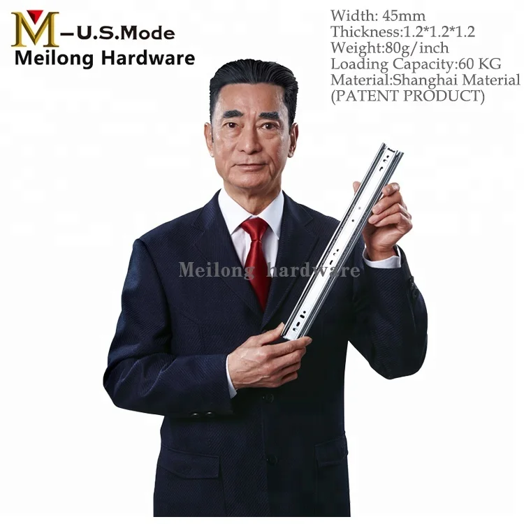 Meilong hardware Patented product 3 Fold Full Extension Ball Bearing Drawer Slide Rail/ Telescopic Channel for table 45mm