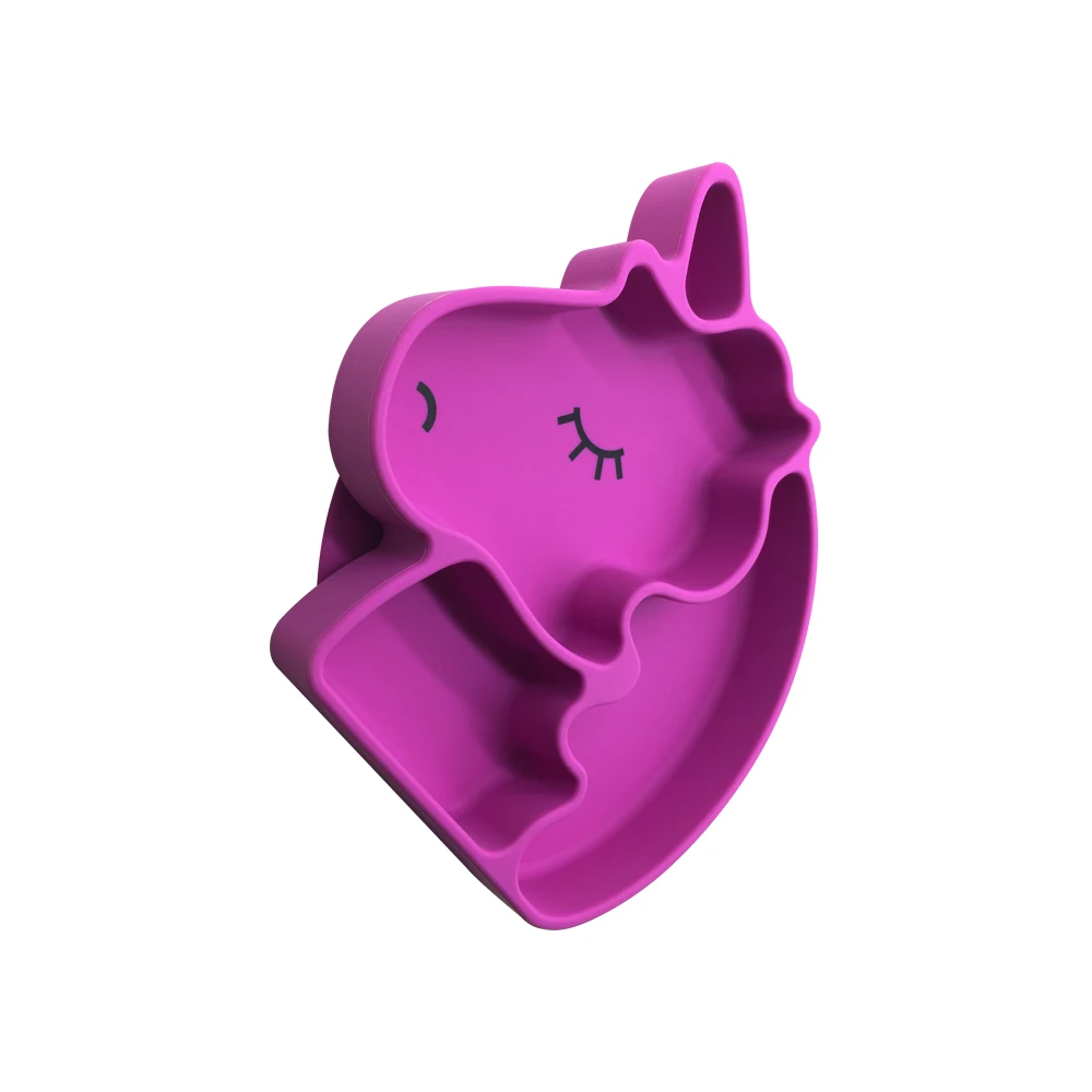 Benhaida Food Grade Silicone Cute Animal Unicorn Shaped Feeding Plate With Suction Divided Grip Dish for Baby