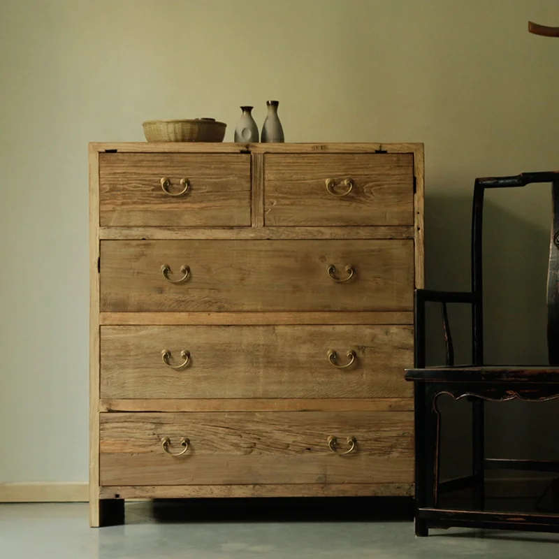 Chinese reclaimed rustic renewable storage furniture environmental-friendly recylcled wood simple 5-drawer cabinet