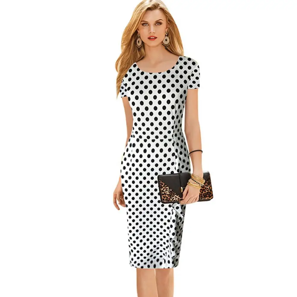 Summer formal short sleeve vintage polka dot print pencil career dress for office lady
