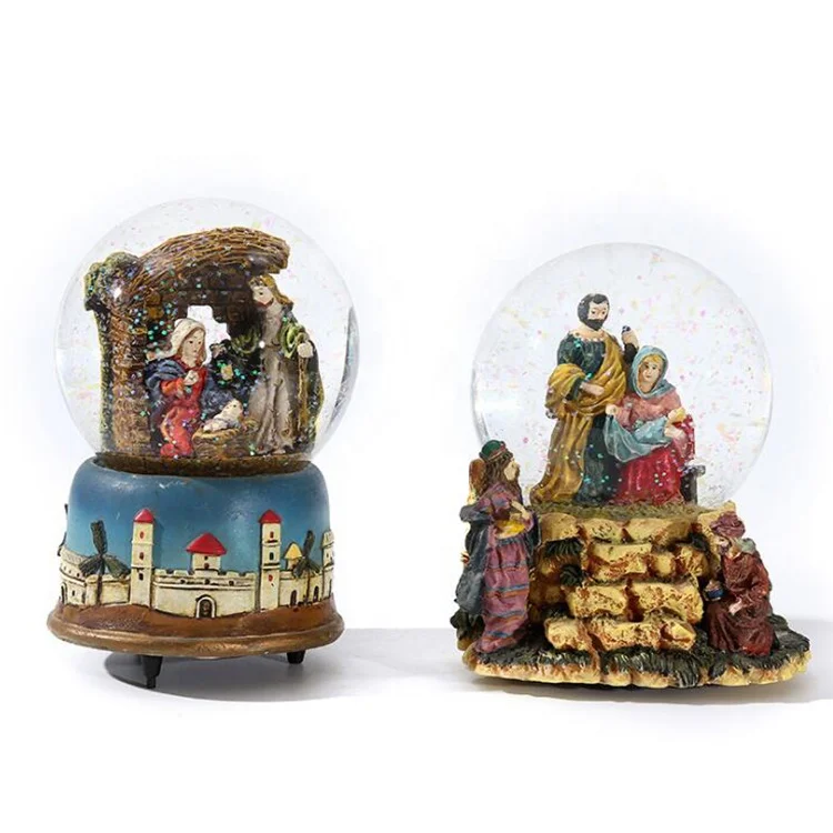 Custom wind up Music Box glass Dome Nativity Snow Globe with blowing snow