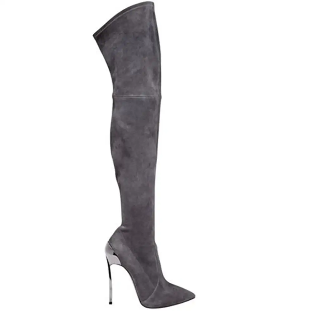 Simple Design Lady Metal High Heel Over Knee Boots Pointed Toe Stiletto Suede Thigh High Stretch Boots