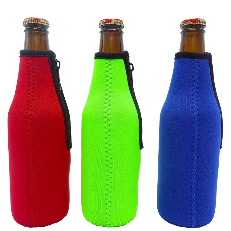 Promotional Neoprene Single Beer Bottle Holder/ Insulated Beer Bottle Cooler with Zipper Holder