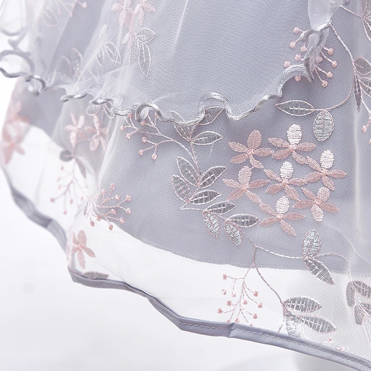 
Summer Embroidery Flower Girls Party Evening Dress Flare Sleeve Pink Gray Color Free Shipping 