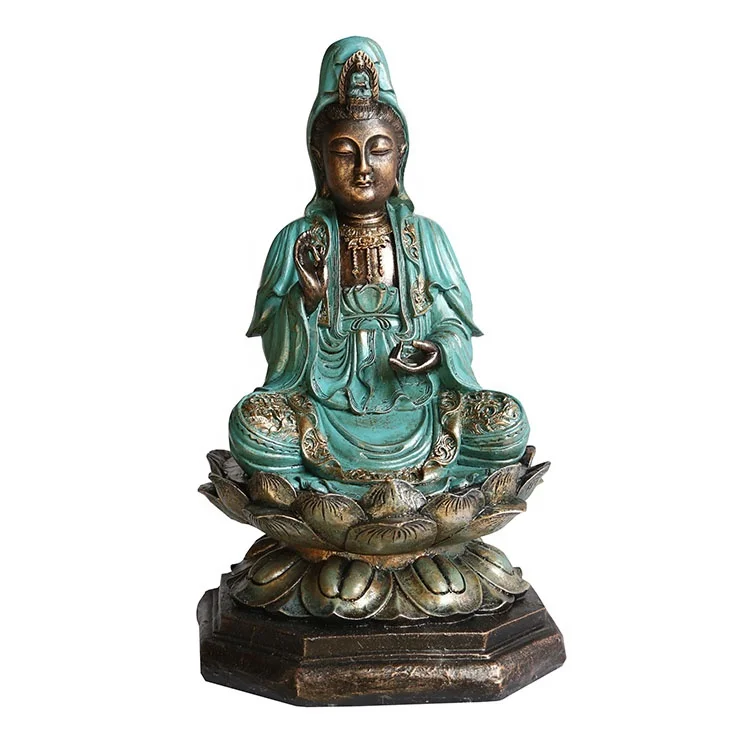 Asian style resin stone powder meditation sitting Kwan yin Buddha statue on lotus throne