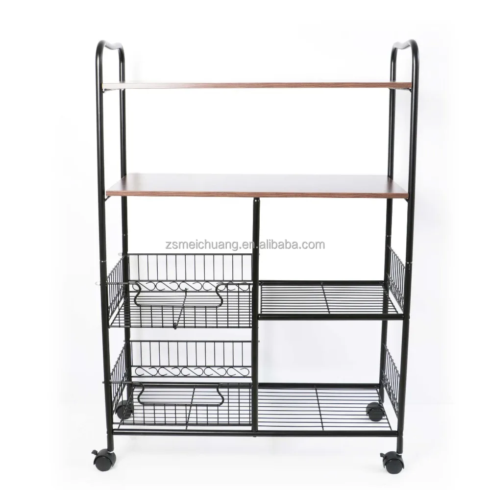 4 Tier Portable Rolling Wire Shelf Wood Top Kitchen Storage Trolley