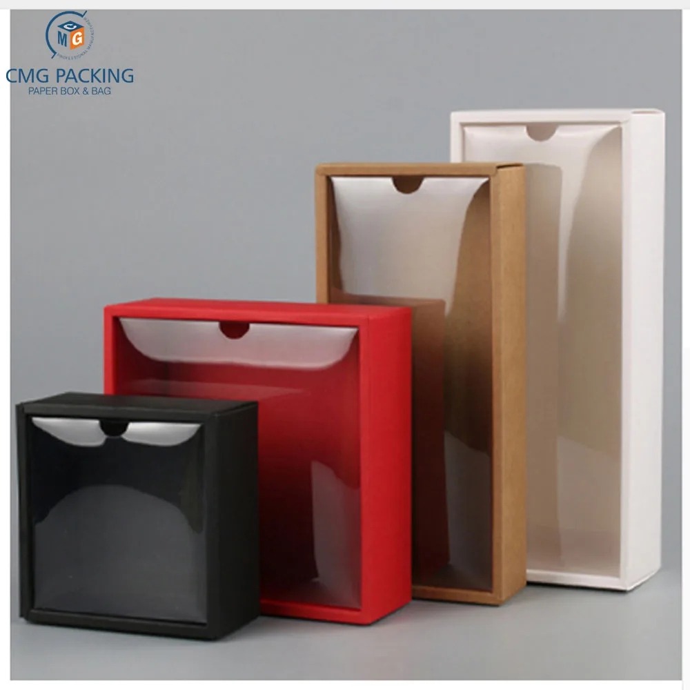custom Clear PVC Lid Red/White/Black/Kraft Paper Box Handmade Soap Candy chocolate biscuit boxes for wedding party gift wrap