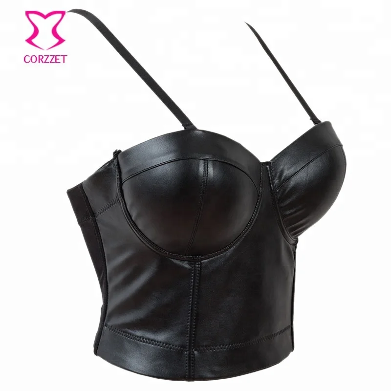 Corzzet Women PU Lovely Black Plus Size Leather Push Up Bra Nightclub Bralet Bustier Gothic Short Tops Slimming Underwear Corset