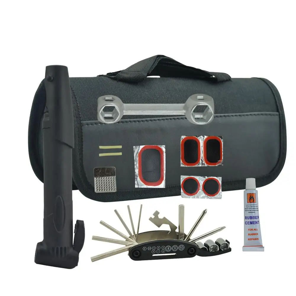 
bicycle repair tool bag tire pump patches multi folding tool kits with pump 