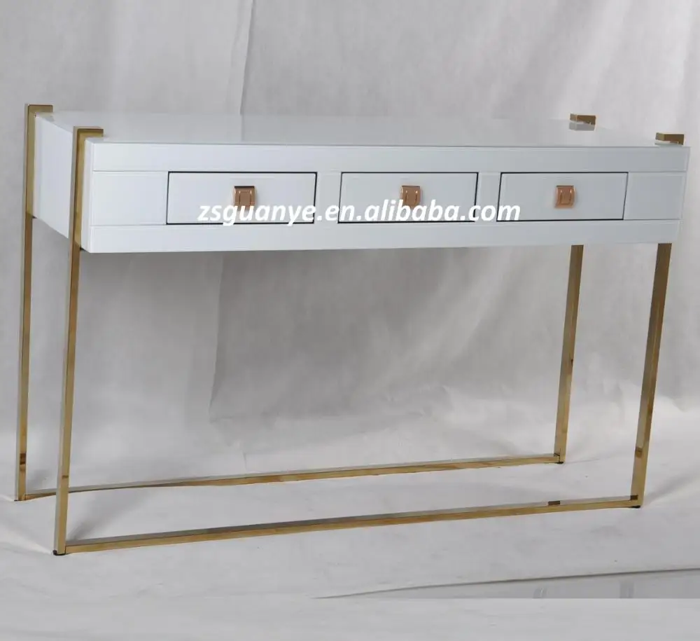 Large Storage 3 Drawers Gold Metal Leg White Glass Top Mirrored Console Table