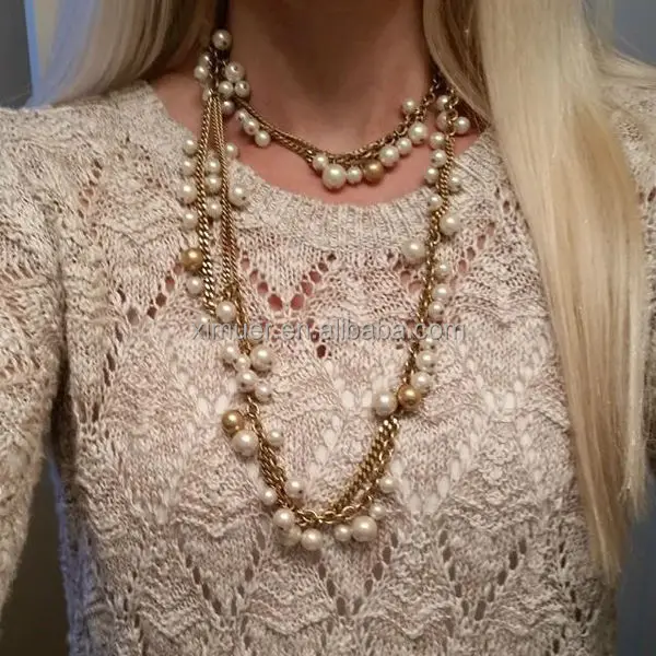 Latest fashion gold long chain beaded necklace pearl necklace