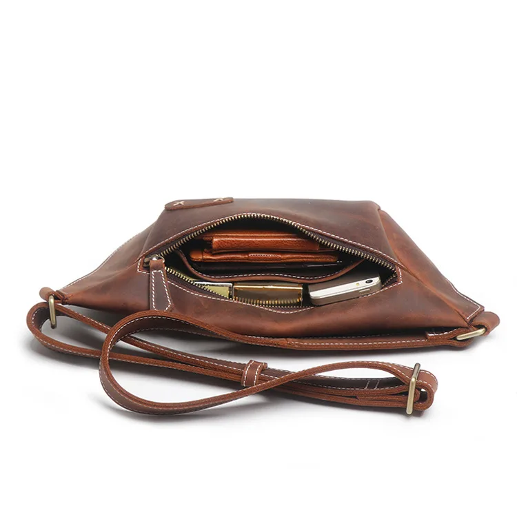 Men first layer cowhide waist bag waterproof crazy horse leather chest bag