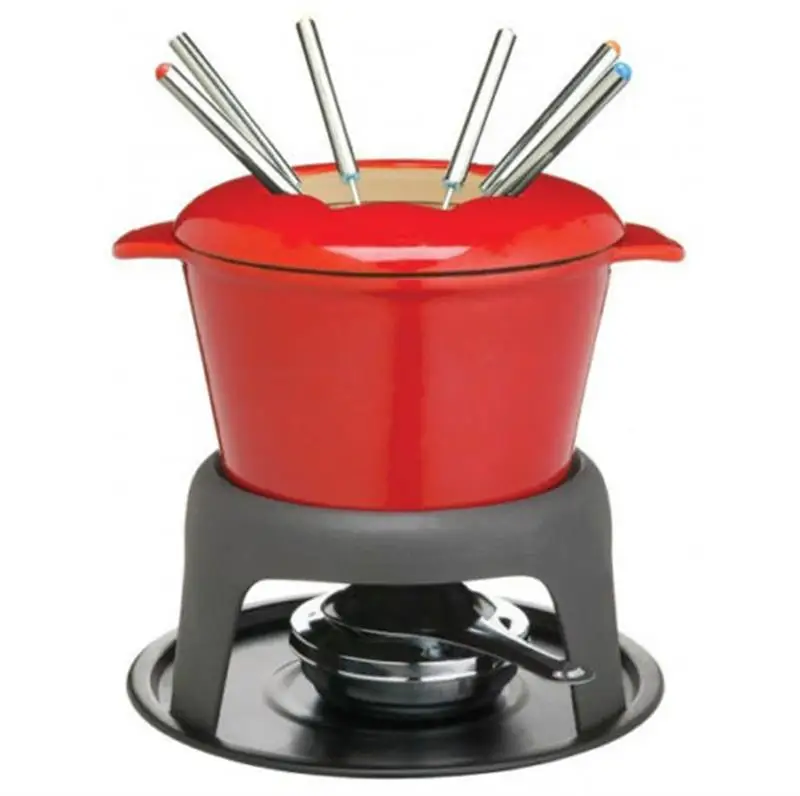 Enamel cast iron chocolate fondue set with cheese fondue pot