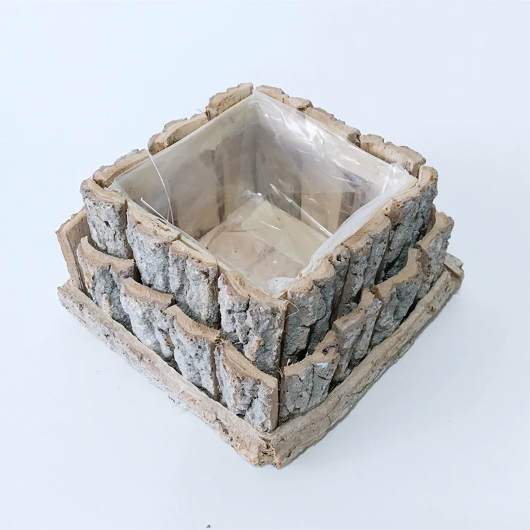 
Hot sales decorative square shape double-deck unique design poplar bark pot with plastic lining for planting 