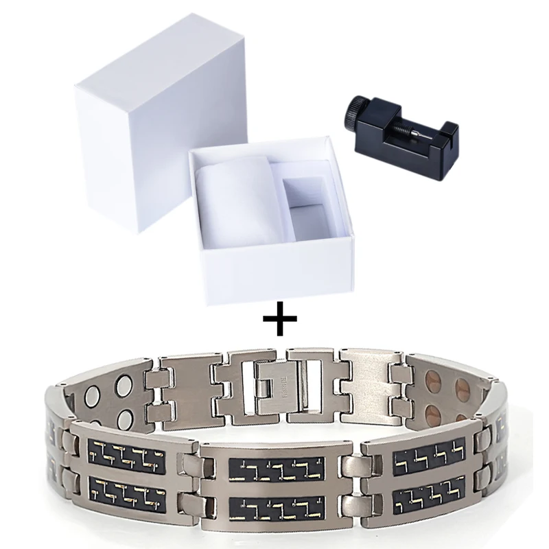 Hottime Wholesale Double Line Energy Titanium Magnet Bracelet With Gold Carbon Fiber
