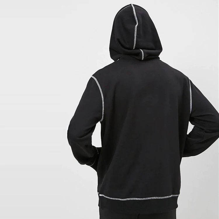 mens pullover hoodie french terry drawstring hood long sleeves ribbed trim topstitching plain hoodies