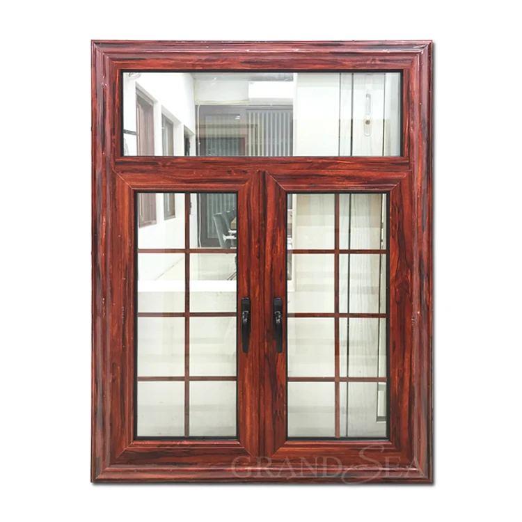The Home Used Wood Grain Frame Aluminum Casement Window With Grill
