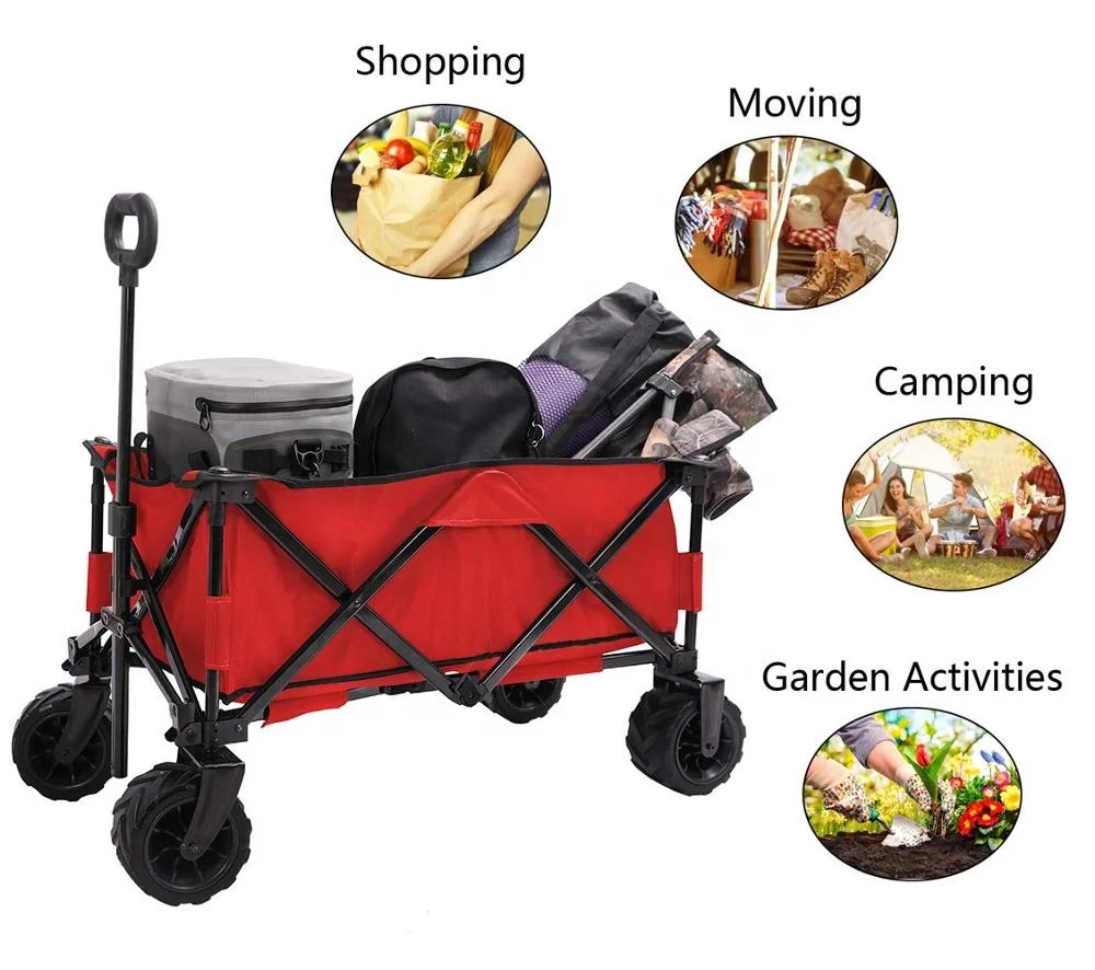 Folding Wagon Cart Heavy Duty Collapsible Utility Wagon All Terrain Outdoor Patio Garden Beach Wagon Cart red